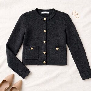 Zara Knit Cardigan with Gold Crest Buttons –  Size L - Charcoal Grey Preppy